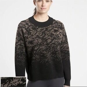 Athleta Jacquard Crew Sweater Abstract Animal Charcoal Grey Wool Blend - Medium